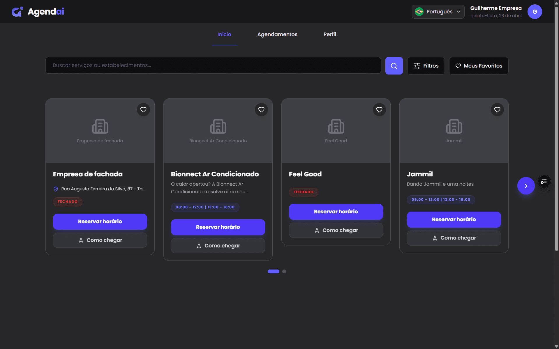 Dashboard do cliente — busca e reserva em poucos cliques