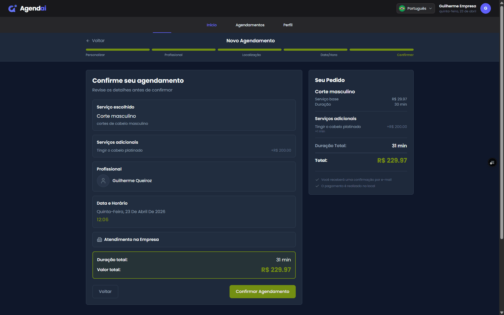 Fluxo de agendamento — stepper com validação por etapa