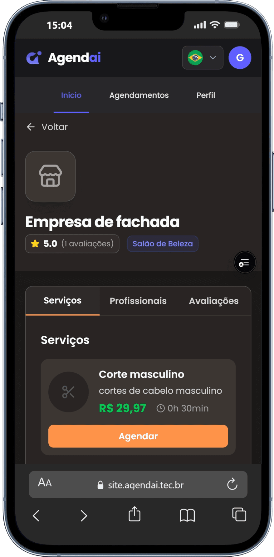 Mobile — página pública da empresa dentro do iPhone