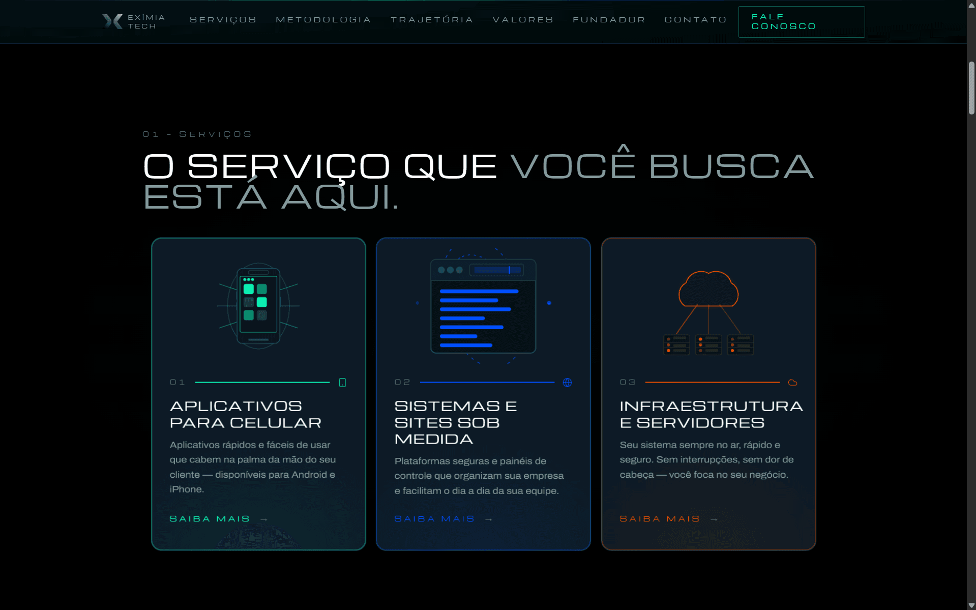 Serviços — ilustrações customizadas e cards com hover states distintos