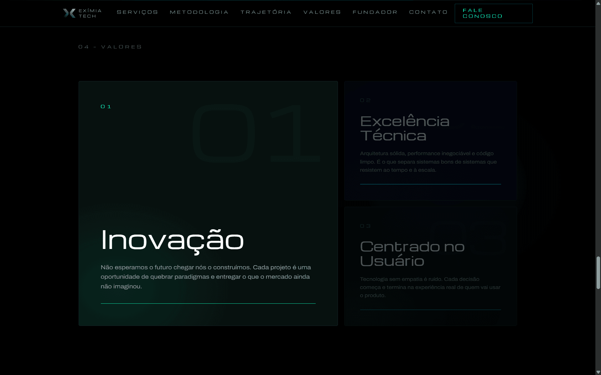 Valores — grid assimétrico com numeração em escala